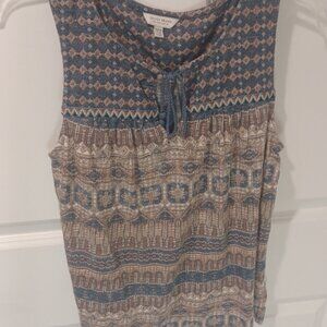 Lucky Brand Sleeveless Tear Drop Neck Line Aztec Blue Brown Design Cute Top XS